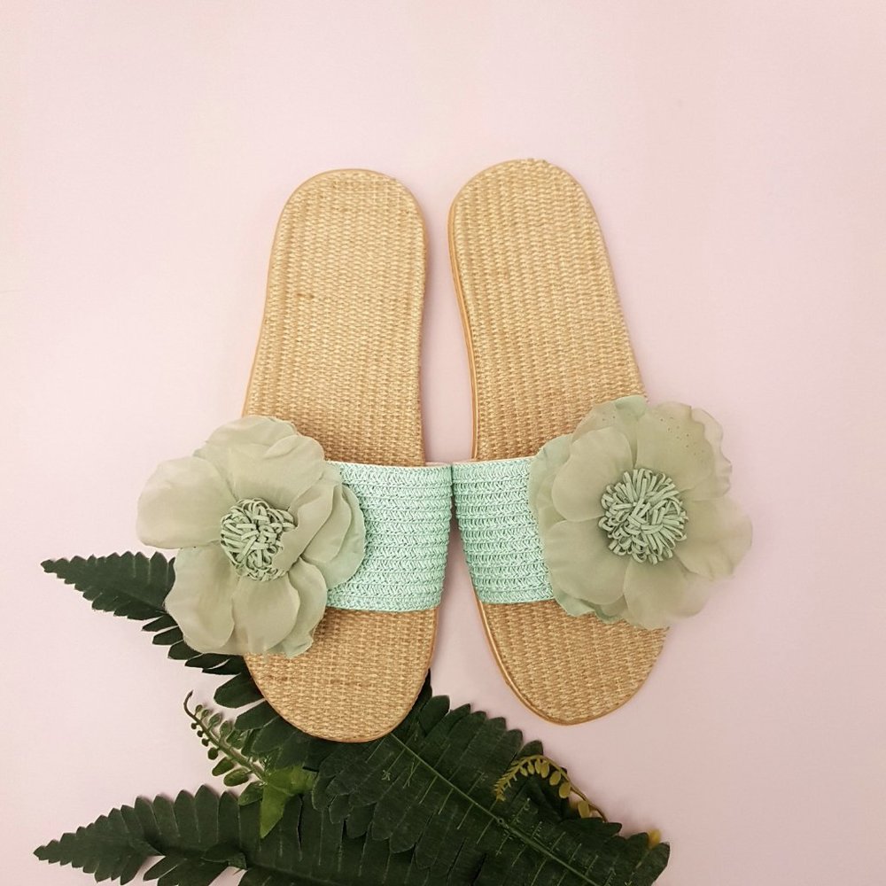 Tahiti Flower Natural Linen Slide Slippers/Woman-9